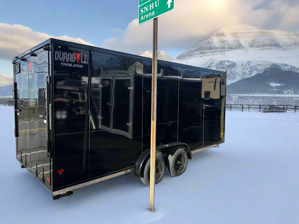 Enclosed Snowmobile Trailer Inline 7.5'x18'+5'V Black Blackout RAMP DuraBull Aluminum 7' Interior