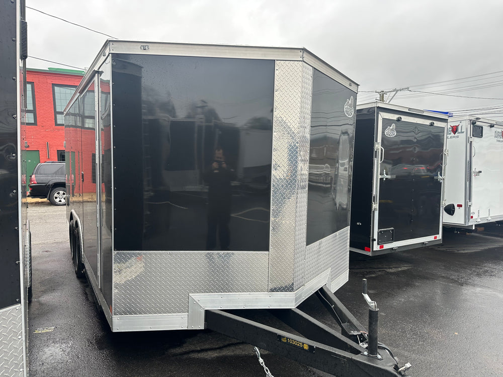 Enclosed Car Hauler Trailer 8.5'x16'+2'V Black Covered Wagon