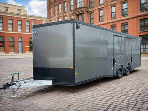 Enclosed Car Hauler Trailer 8.5’x24′ V-Nose 10K GVWR Charcoal Ramp High Country Aluminum