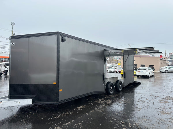 Enclosed Car Hauler Trailer 8.5’x24′ V-Nose 10K GVWR Charcoal Ramp High Country Aluminum