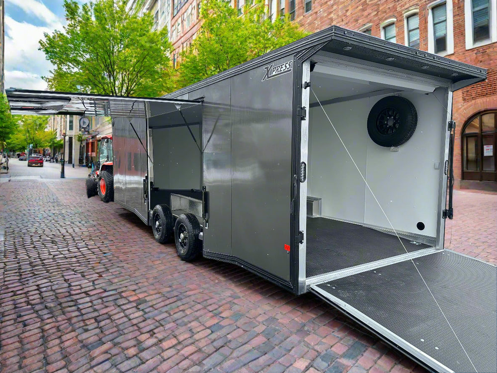 Enclosed Car Hauler Trailer 8.5’x24′ V-Nose 10K GVWR Charcoal Ramp High Country Aluminum