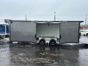 Enclosed Car Hauler Trailer 8.5’x24′ V-Nose 10K GVWR Charcoal Ramp High Country Aluminum