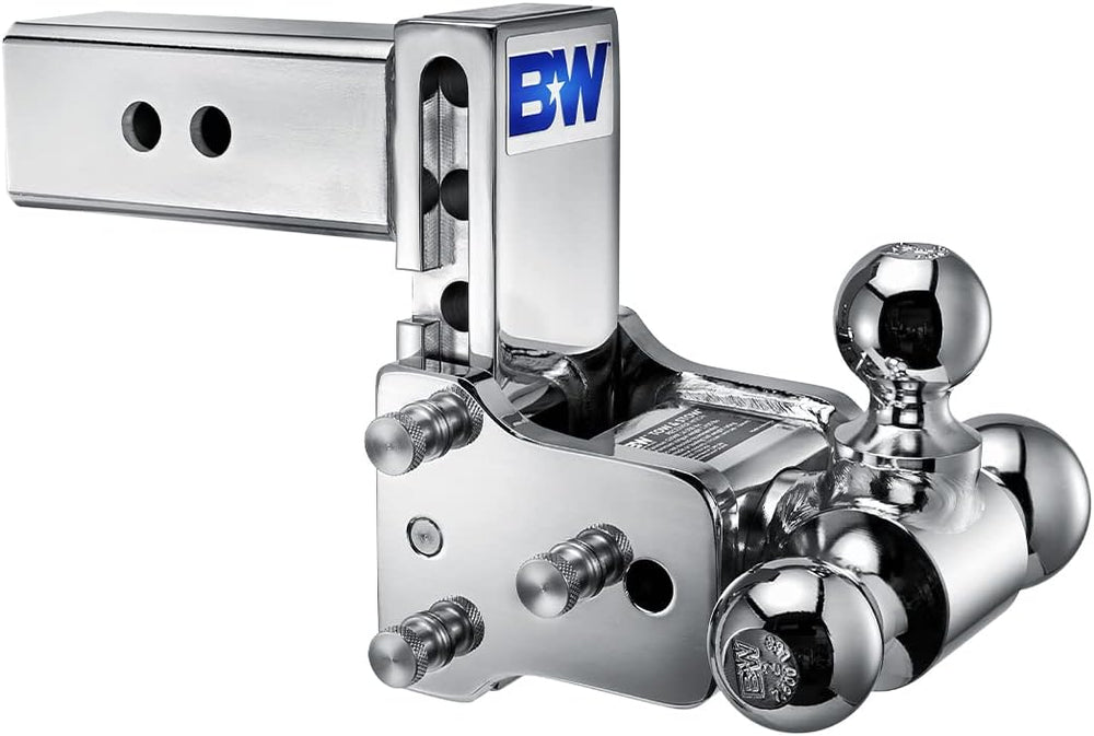 B&W Trailer Hitches TS20048C Trailer Ball Mount; Tow & Stow Model 8; Class V; Fits 2-1/2 Inch Receiver; 14500 Pound GTW/ 1450 Pound TW; 5 Inch Drop/ 4-1/2 Inch Rise; Tri Ball-1-7/8 Inch (3500 Pounds) 2 Inch (7500 Pounds) 2-5/16 Inch (14500 Pounds); Chrome