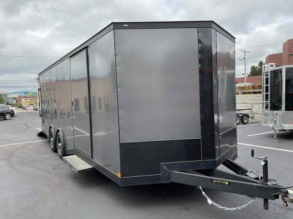 Enclosed Car Hauler Trailer Covered Wagon 8.5'x24'+2'V Charcoal BLACK OUT Covered Wagon Trailers