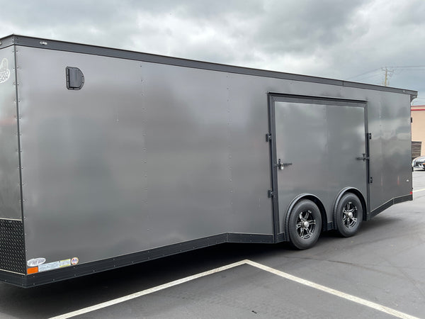 Enclosed Car Hauler Trailer Covered Wagon 8.5'x24'+2'V Charcoal BLACK OUT Covered Wagon Trailers