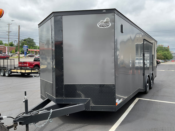 Enclosed Car Hauler Trailer Covered Wagon 8.5'x24'+2'V Charcoal BLACK OUT Covered Wagon Trailers