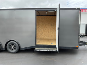 Enclosed Car Hauler Trailer Covered Wagon 8.5'x24'+2'V Charcoal BLACK OUT Covered Wagon Trailers