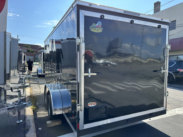 Enclosed Cargo Trailer 7x16+2'V BLACK RAMP Covered Wagon