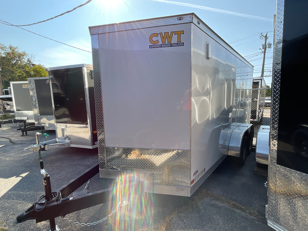 Enclosed Cargo Trailer 7'x14'+2'V White RAMP Covered Wagon