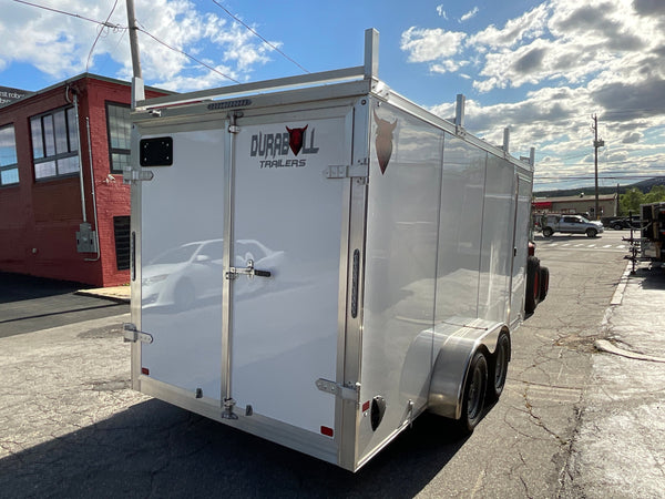 Aluminum Durabull Enclosed Contractor 7'x16'+2'V Barn Door White DuraBull Trailers