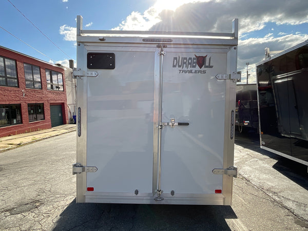Aluminum Durabull Enclosed Contractor 7'x16'+2'V Barn Door White DuraBull Trailers