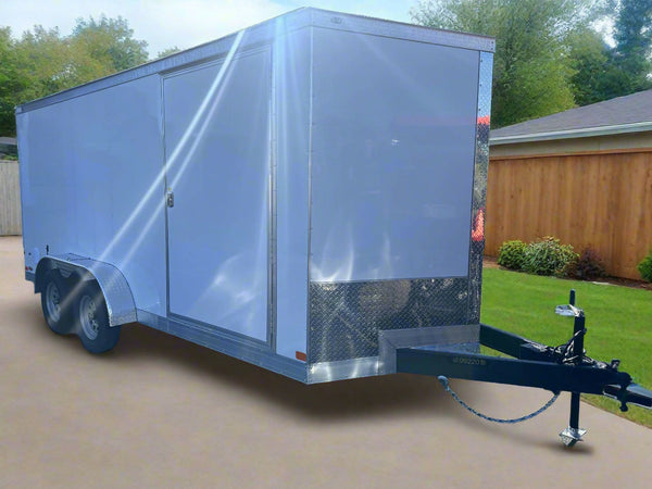 Enclosed Cargo Trailer 7x16+2'V White Barn Door Covered Wagon Covered Wagon Trailers