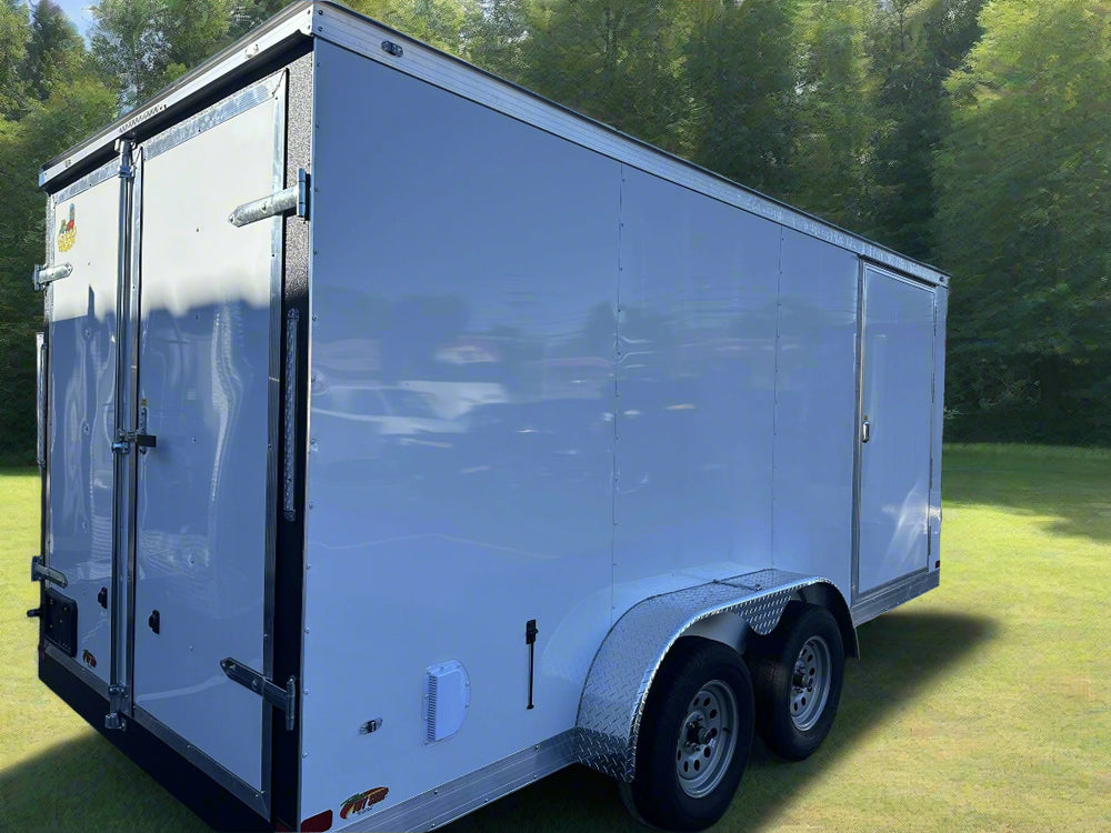 Enclosed Cargo Trailer 7x16+2'V White Barn Door Covered Wagon