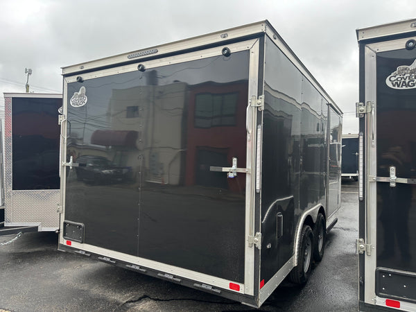 Enclosed Car Hauler Trailer 8.5'x16'+2'V Black Covered Wagon Covered Wagon Trailers