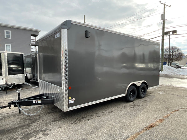 Enclosed Car Hauler Trailer 8.5'x18' Charcoal Car Mate Custom 7' Interior Height Car Mate Trailers