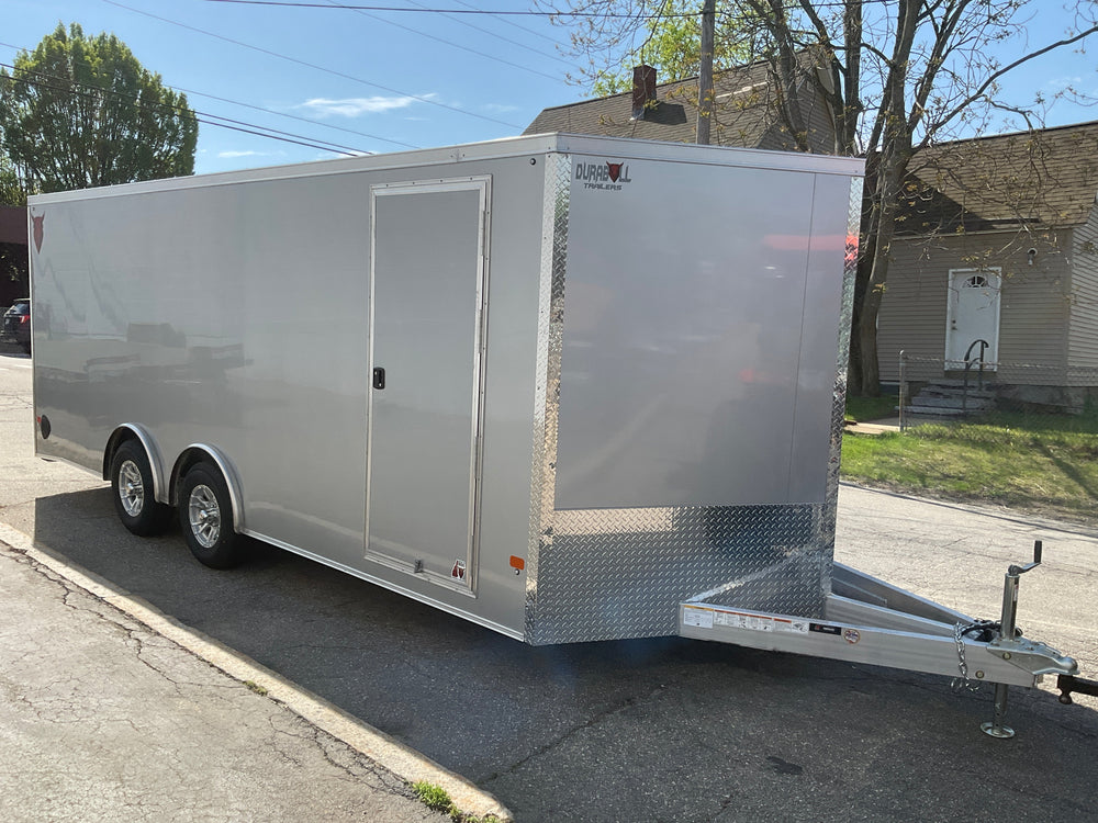Enclosed Car Hauler Trailer 8.5'x20' V-Nose Silver Ramp Durabull Aluminum 9990 GVWR Elite Escape Door DuraBull Trailers