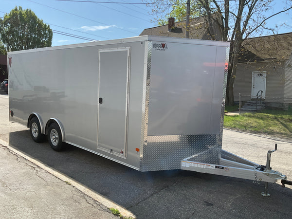 Enclosed Car Hauler Trailer 8.5'x20' V-Nose Silver Ramp Durabull Aluminum 9990 GVWR Elite Escape Door DuraBull Trailers