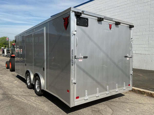 Enclosed Car Hauler Trailer 8.5'x20' V-Nose Silver Ramp Durabull Aluminum 9990 GVWR Elite Escape Door DuraBull Trailers