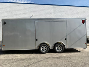 Enclosed Car Hauler Trailer 8.5'x20' V-Nose Silver Ramp Durabull Aluminum 9990 GVWR Elite Escape Door DuraBull Trailers