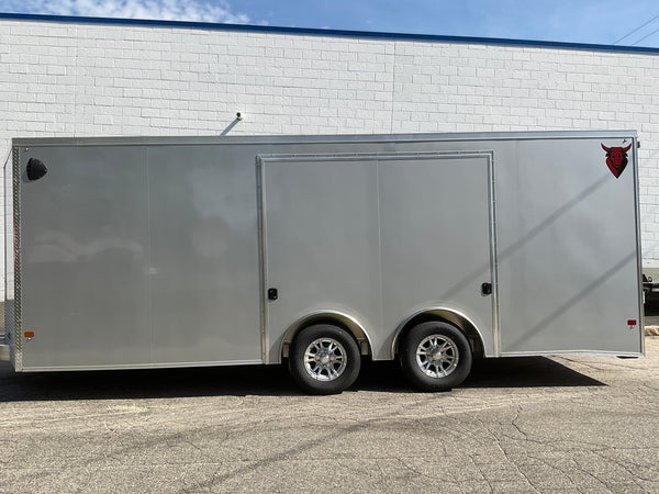 Enclosed Car Hauler Trailer 8.5'x20' V-Nose Silver Ramp Durabull Aluminum 9990 GVWR Elite Escape Door DuraBull Trailers