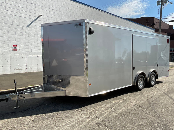 Enclosed Car Hauler Trailer 8.5'x20' V-Nose Silver Ramp Durabull Aluminum 9990 GVWR Elite Escape Door DuraBull Trailers