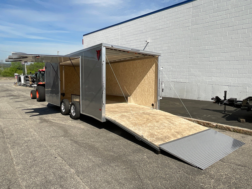 Enclosed Car Hauler Trailer 8.5'x20' V-Nose Silver Ramp Durabull Aluminum 9990 GVWR Elite Escape Door DuraBull Trailers
