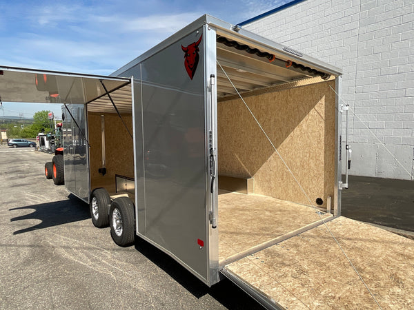 Enclosed Car Hauler Trailer 8.5'x20' V-Nose Silver Ramp Durabull Aluminum 9990 GVWR Elite Escape Door DuraBull Trailers