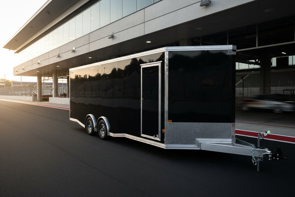 A black and silver enclosed car trailer parked outdoors on a paved lot, with trees, buildings, and a dark pickup truck visible in the background.