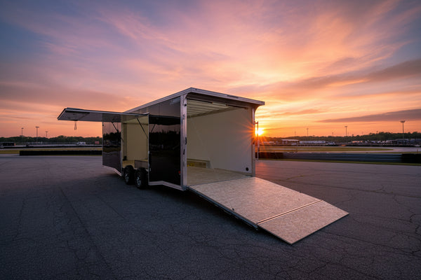 A silver aluminum cargo trailer with its rear ramp lowered, parked on asphalt in front of a white building under a blue sky with clouds.