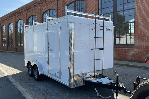 Enclosed Contractor Trailer 7'x16' White BARN CarMate 110v Light 12"up Car Mate Trailers