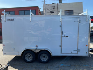 Enclosed Contractor Trailer 7'x16' White BARN CarMate 110v Light 12"up Car Mate Trailers
