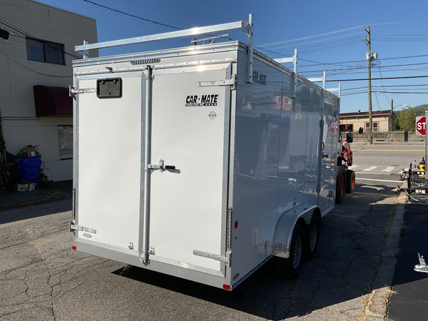 Enclosed Contractor Trailer 7'x16' White BARN CarMate 110v Light 12"up Car Mate Trailers