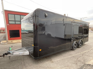 Enclosed Car Hauler Trailer 8.5’x24′ Flat Front Black Blackout Ramp High Country Aluminum Ron's Toy Shop, Inc.