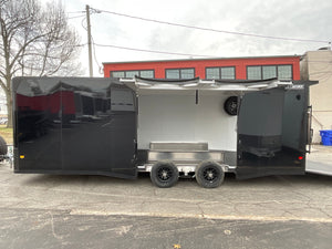 Enclosed Car Hauler Trailer 8.5’x24′ Flat Front Black Blackout Ramp High Country Aluminum Ron's Toy Shop, Inc.