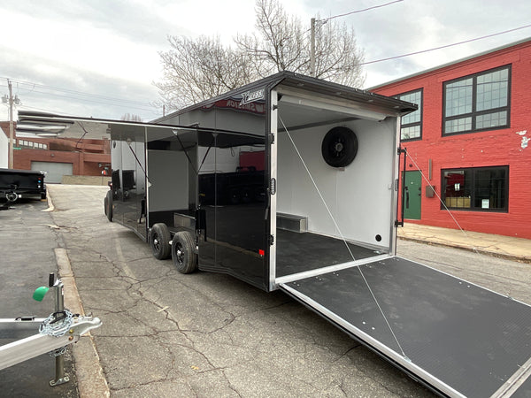 Enclosed Car Hauler Trailer 8.5’x24′ Flat Front Black Blackout Ramp High Country Aluminum Ron's Toy Shop, Inc.
