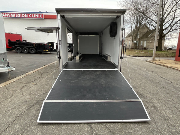 Enclosed Car Hauler Trailer 8.5’x24′ Flat Front Black Blackout Ramp High Country Aluminum Ron's Toy Shop, Inc.