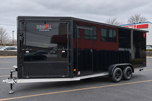 Enclosed Cargo 7.5'x18'+5'V Black Blackout RAMP DuraBull Aluminum 7ft. Interior, Dexter Galvanized Axles, Aluminum Wheels, Rear Canopy, Snow Package, .080 Composite Exterior, 3 Year Warranty