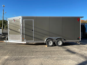 Enclosed Cargo 7.5'x18'+5'V Charcoal RAMP DuraBull Aluminum 7ft. Interior, Dexter Galvanized Axles, Aluminum Wheels, Rear Canopy, Snow Package, .080 Composite Exterior, 3 Year Warranty