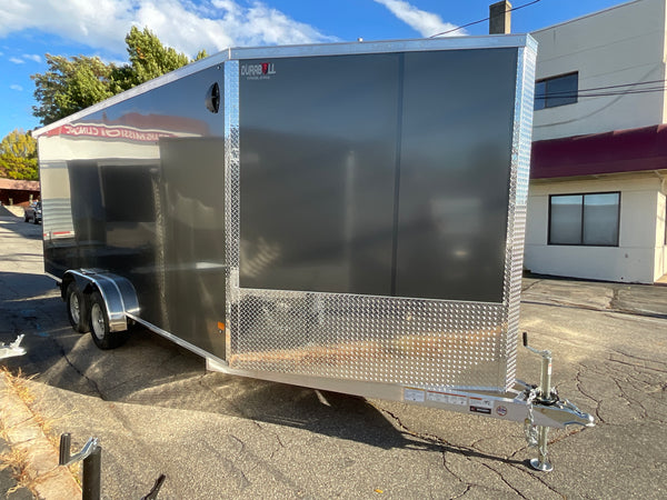 Enclosed Cargo 7.5'x18'+5'V Charcoal RAMP DuraBull Aluminum 7ft. Interior, Dexter Galvanized Axles, Aluminum Wheels, Rear Canopy, Snow Package, .080 Composite Exterior, 3 Year Warranty