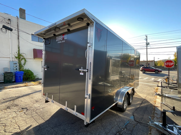 Enclosed Cargo 7.5'x18'+5'V Charcoal RAMP DuraBull Aluminum 7ft. Interior, Dexter Galvanized Axles, Aluminum Wheels, Rear Canopy, Snow Package, .080 Composite Exterior, 3 Year Warranty