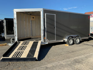 Enclosed Cargo 7.5'x18'+5'V Charcoal RAMP DuraBull Aluminum 7ft. Interior, Dexter Galvanized Axles, Aluminum Wheels, Rear Canopy, Snow Package, .080 Composite Exterior, 3 Year Warranty