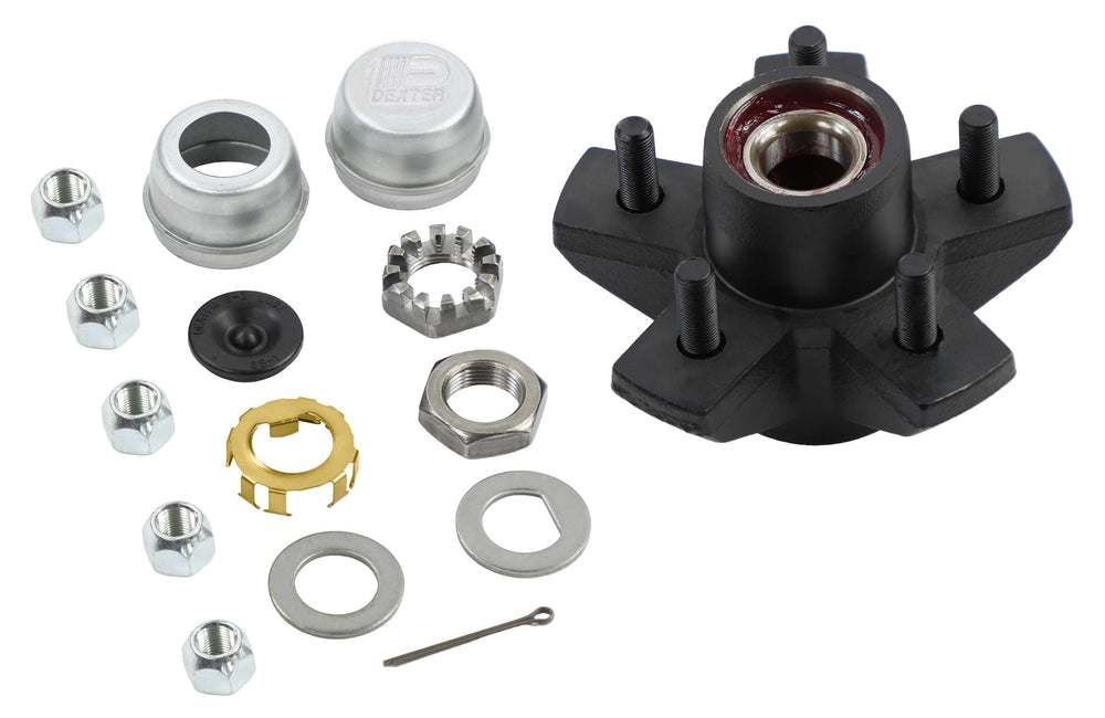 Dexter® Complete Pre-Greased Idler Hub Assembly, #84 Spindle, E-Z Lube® or Grease Lube, 3,500 Lb Capacity Per Pair, 5 on 4.5" Bolt Pattern, 1/2" Studs, , Pregreased