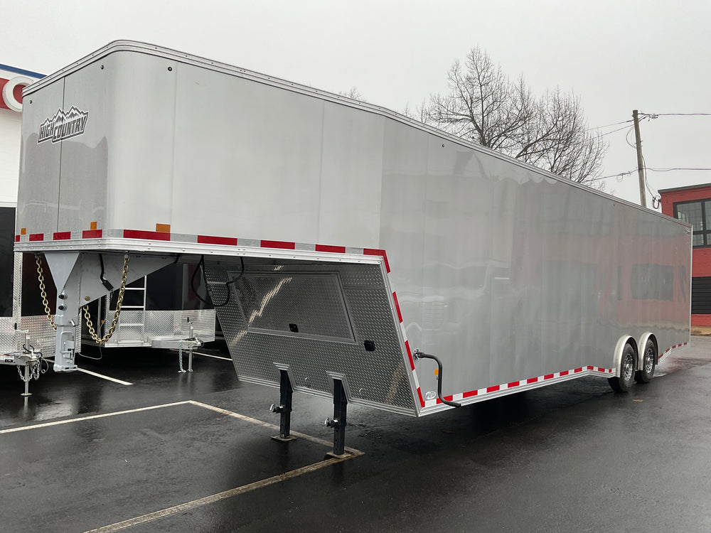 Enclosed Gooseneck Car Hauler Trailer 8.5'x40' V-Nose Silver Ramp High Country Aluminum