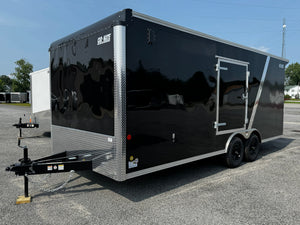 Car Mate Custom Enclosed Car Hauler Trailer 8.5'x20' Storage Trailer Charcoal 9990 GVWR, Dexter Torflex Axles, Winter Storage Package, Reinforced Roof, Drop Leg Jacks, Get-Out Awning Door, 110V Inlet/Outlet, Battery, Alum Wheels, Lifetime/5-Year Warranty Car Mate Trailers