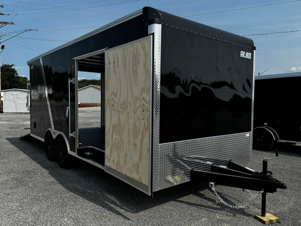 Car Mate Custom Enclosed Car Hauler Trailer 8.5'x20' Storage Trailer Charcoal 9990 GVWR, Dexter Torflex Axles, Winter Storage Package, Reinforced Roof, Drop Leg Jacks, Get-Out Awning Door, 110V Inlet/Outlet, Battery, Alum Wheels, Lifetime/5-Year Warranty Car Mate Trailers