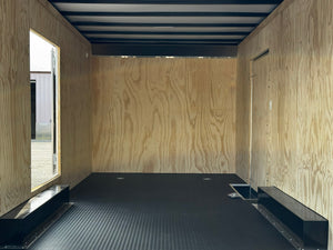 Car Mate Custom Enclosed Car Hauler Trailer 8.5'x20' Storage Trailer Charcoal 9990 GVWR, Dexter Torflex Axles, Winter Storage Package, Reinforced Roof, Drop Leg Jacks, Get-Out Awning Door, 110V Inlet/Outlet, Battery, Alum Wheels, Lifetime/5-Year Warranty Car Mate Trailers