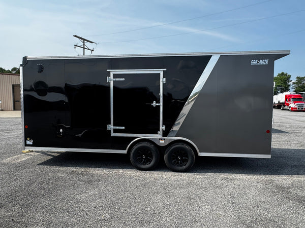 Car Mate Custom Enclosed Car Hauler Trailer 8.5'x20' Storage Trailer Charcoal 9990 GVWR, Dexter Torflex Axles, Winter Storage Package, Reinforced Roof, Drop Leg Jacks, Get-Out Awning Door, 110V Inlet/Outlet, Battery, Alum Wheels, Lifetime/5-Year Warranty Car Mate Trailers