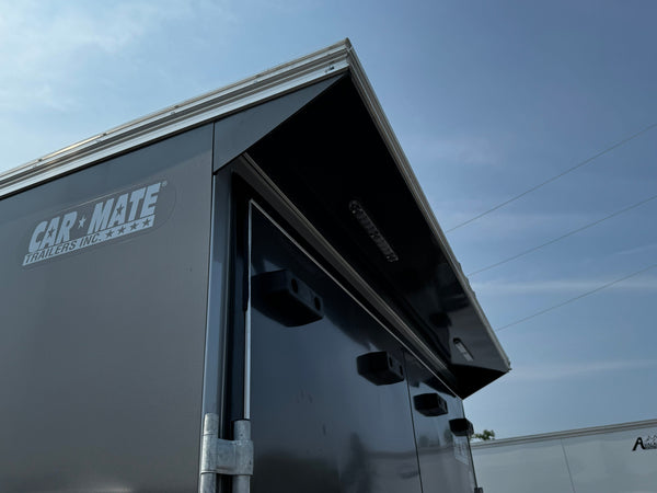 Car Mate Custom Enclosed Car Hauler Trailer 8.5'x20' Storage Trailer Charcoal 9990 GVWR, Dexter Torflex Axles, Winter Storage Package, Reinforced Roof, Drop Leg Jacks, Get-Out Awning Door, 110V Inlet/Outlet, Battery, Alum Wheels, Lifetime/5-Year Warranty Car Mate Trailers