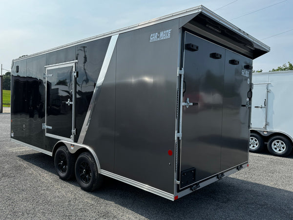 Car Mate Custom Enclosed Car Hauler Trailer 8.5'x20' Storage Trailer Charcoal 9990 GVWR, Dexter Torflex Axles, Winter Storage Package, Reinforced Roof, Drop Leg Jacks, Get-Out Awning Door, 110V Inlet/Outlet, Battery, Alum Wheels, Lifetime/5-Year Warranty Car Mate Trailers