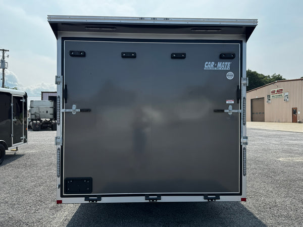 Car Mate Custom Enclosed Car Hauler Trailer 8.5'x20' Storage Trailer Charcoal 9990 GVWR, Dexter Torflex Axles, Winter Storage Package, Reinforced Roof, Drop Leg Jacks, Get-Out Awning Door, 110V Inlet/Outlet, Battery, Alum Wheels, Lifetime/5-Year Warranty Car Mate Trailers
